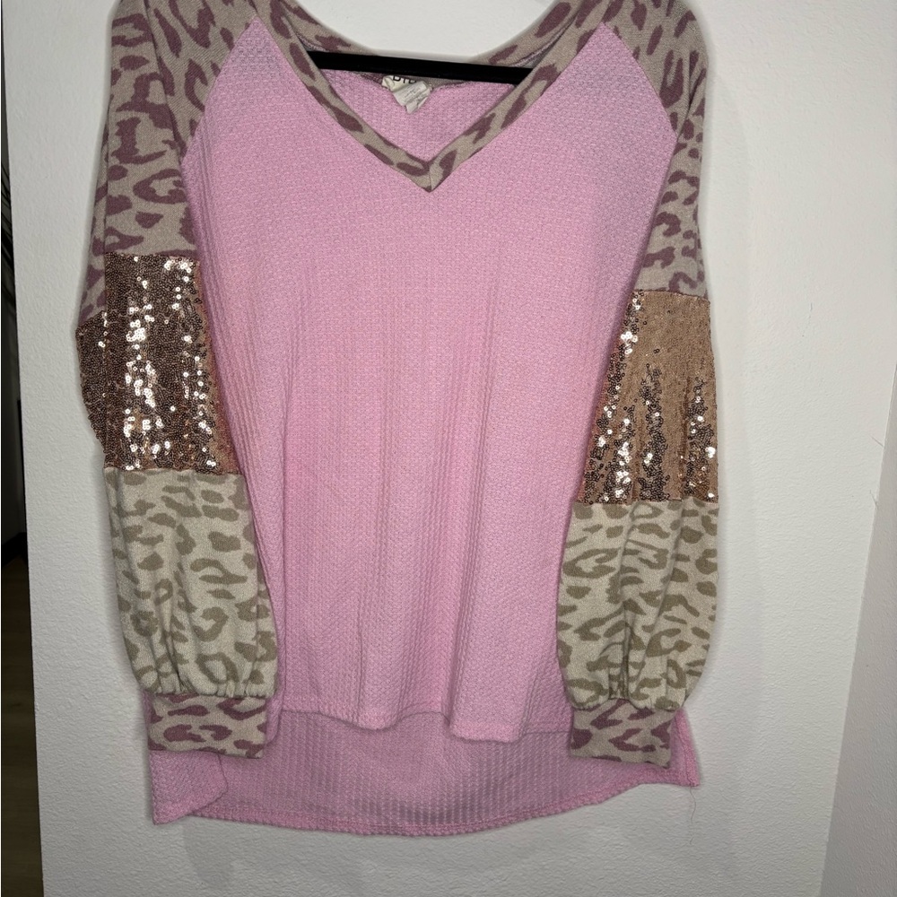 BiBi Pink and Tan Sweater with Patterned Sleeves